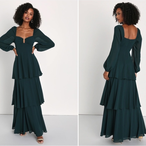 LULU's Sexy Elegant ChicWedding Bridesmaid Flowy Romantic Long Sleeve Maxi - Picture 1 of 5